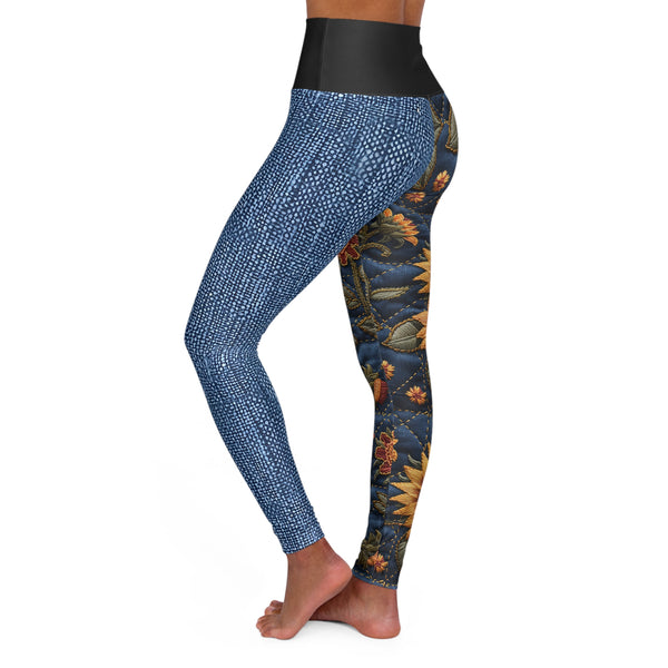 Denim Sunflower Two Tone High Waisted Yoga Leggings