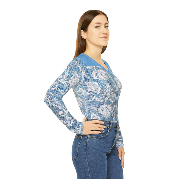Denim White Lace Print Women's Long Sleeve V-neck Shirt