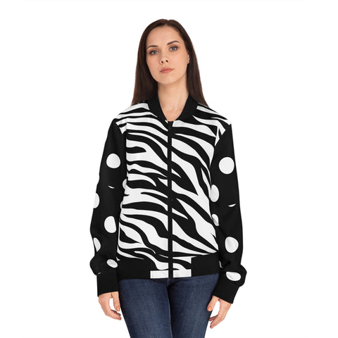 Black & White Print Cheetah, Zebra & Polka Dot Print Women's Bomber Jacket