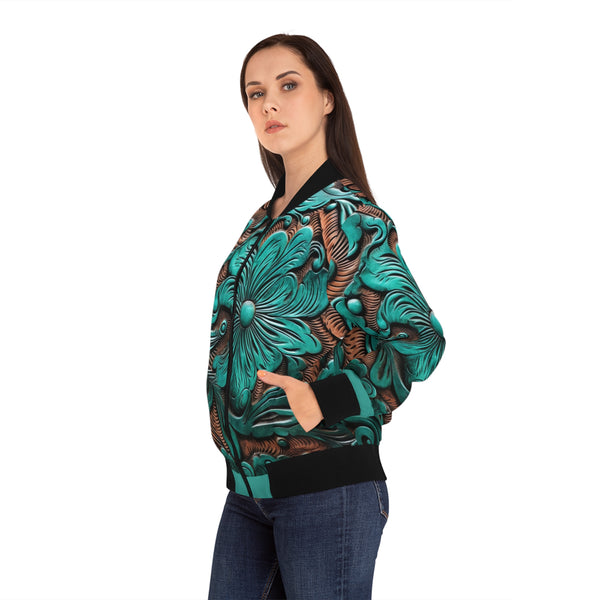 Teal  Faux Leather Flower Women's Bomber Jacket