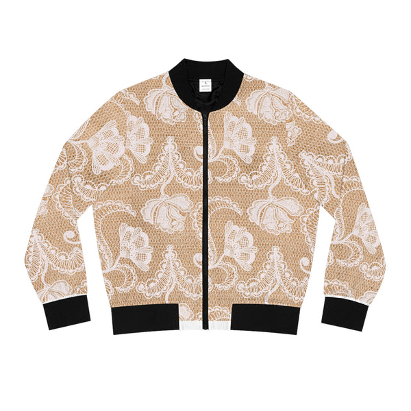 White Lace Print Women's Bomber Jacket