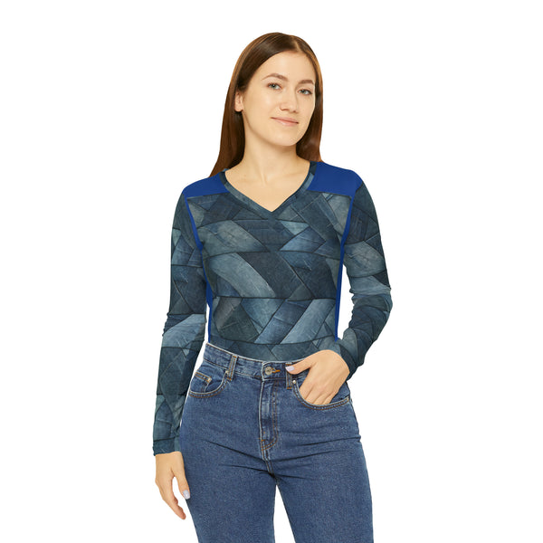 Denim Print Women's Long Sleeve V-neck Shirt