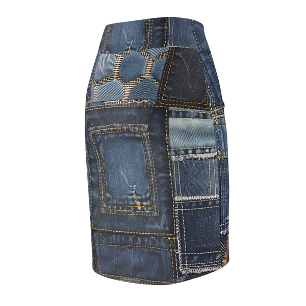 Denim Patch Women's Mid Waist Pencil Skirt