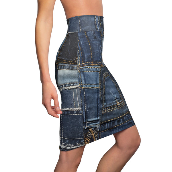 Denim Patch Women's Mid Waist Pencil Skirt