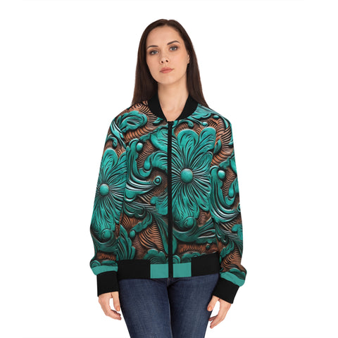 Teal  Faux Leather Flower Women's Bomber Jacket