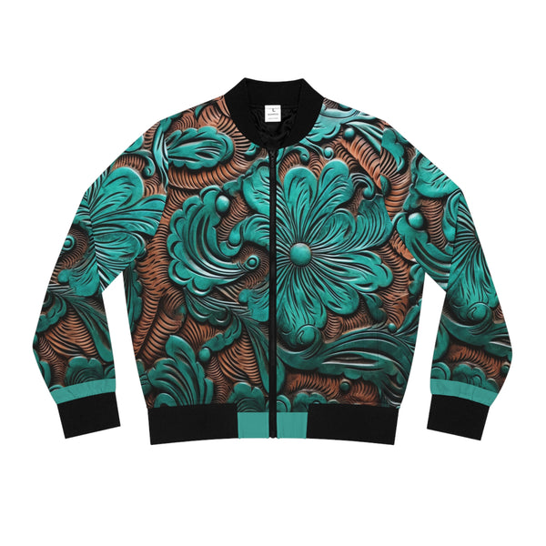Teal  Faux Leather Flower Women's Bomber Jacket