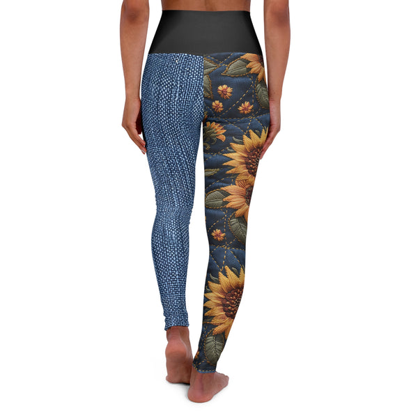Denim Sunflower Two Tone High Waisted Yoga Leggings