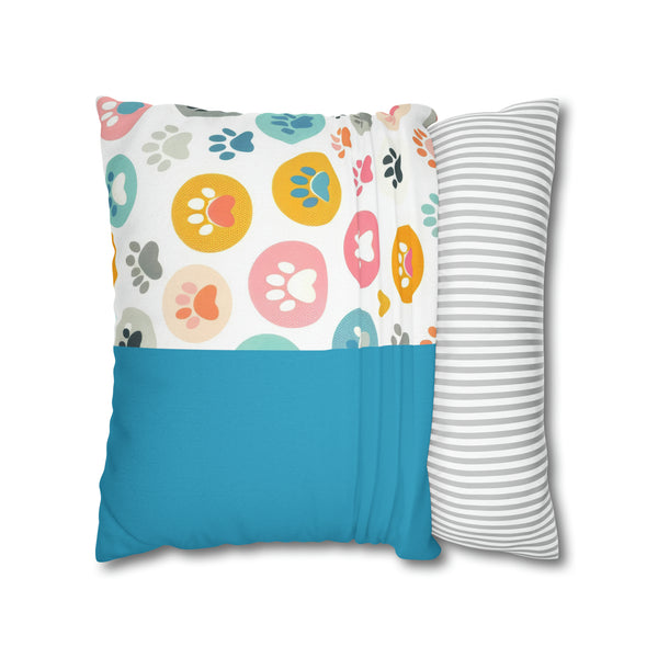 Teal Dog Paw Print Spun Polyester Square Pillowcase