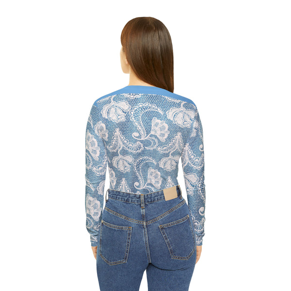 Denim White Lace Print Women's Long Sleeve V-neck Shirt