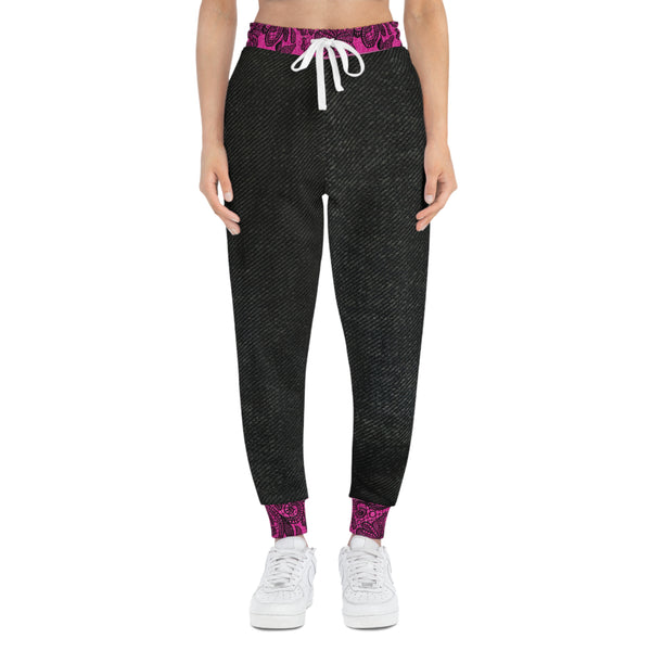 Black Denim Lace Print Athletic Woman Joggers