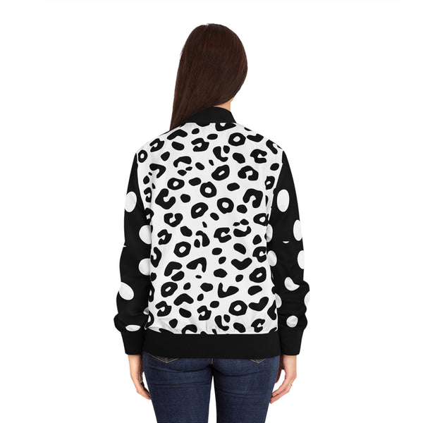 Black & White Print Cheetah, Zebra & Polka Dot Print Women's Bomber Jacket