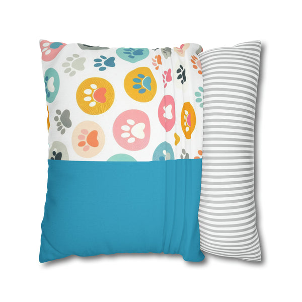 Teal Dog Paw Print Spun Polyester Square Pillowcase