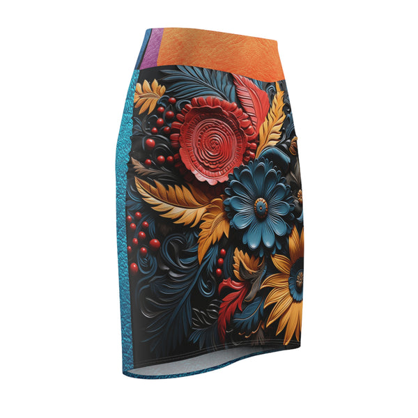 Teal/Blue 3D Flowers Women's Pencil Skirt