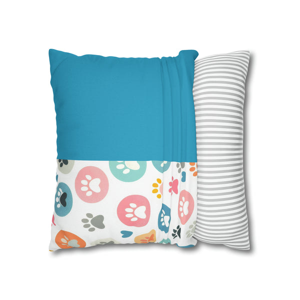 Teal Dog Paw Print Spun Polyester Square Pillowcase