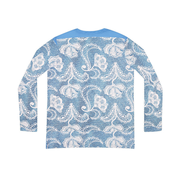 Denim White Lace Print Women's Long Sleeve V-neck Shirt