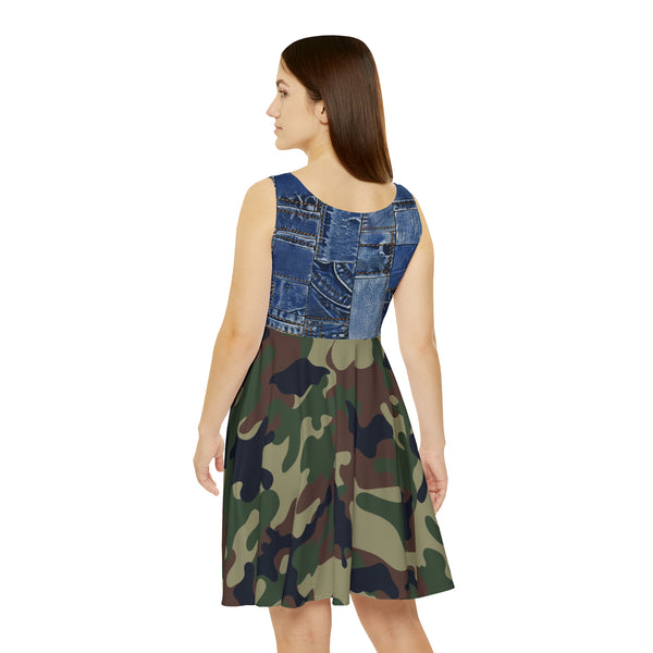 Denim Camo Print Women's Skater Dress