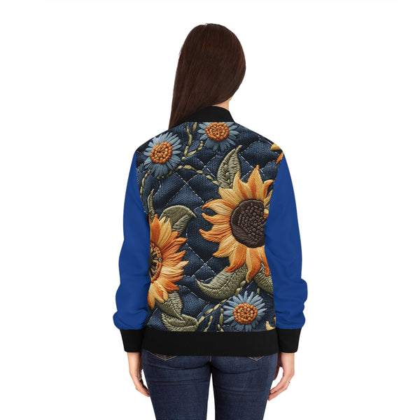 Sunflower Denim Print Women's Bomber Jacket