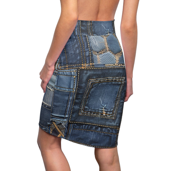 Denim Patch Women's Mid Waist Pencil Skirt