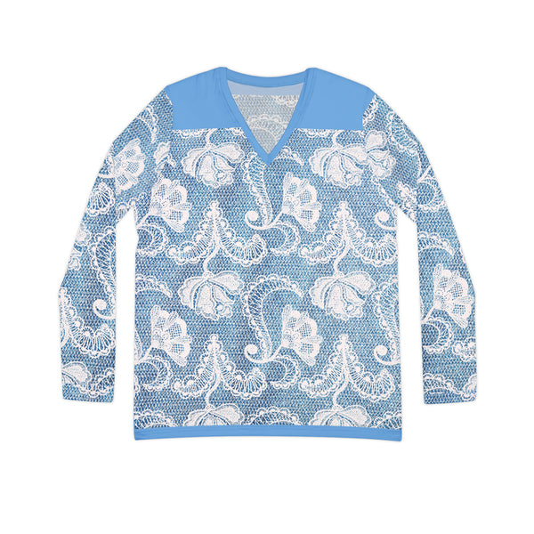 Denim White Lace Print Women's Long Sleeve V-neck Shirt