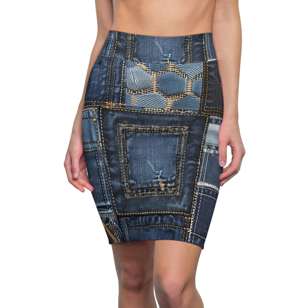 Denim Patch Women's Mid Waist Pencil Skirt