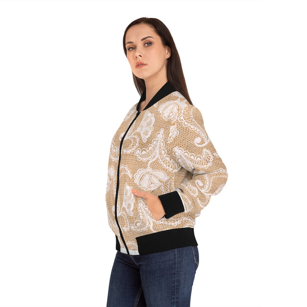 White Lace Print Women's Bomber Jacket