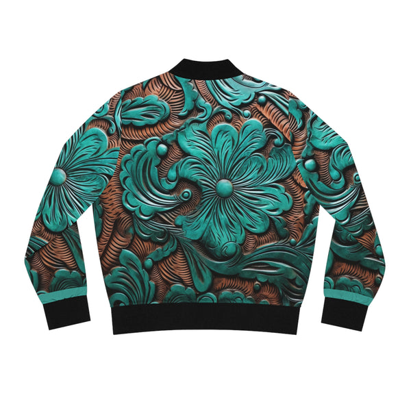 Teal  Faux Leather Flower Women's Bomber Jacket