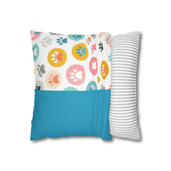 Teal Dog Paw Print Spun Polyester Square Pillowcase