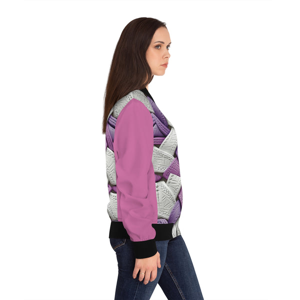 Pink/White Interlocking Faux Leather Women's Bomber Jacket