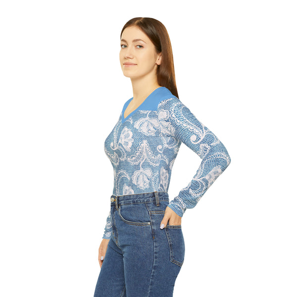 Denim White Lace Print Women's Long Sleeve V-neck Shirt