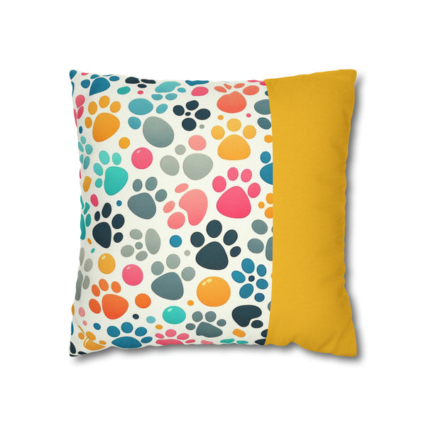 Yellow Dog Paw Print Spun Polyester Square Pillowcase