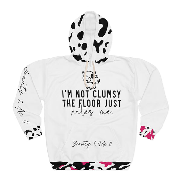 "I'm Not Clumsy the Floor Just Hates Me" Cow Print Woman's Pullover Hoodie