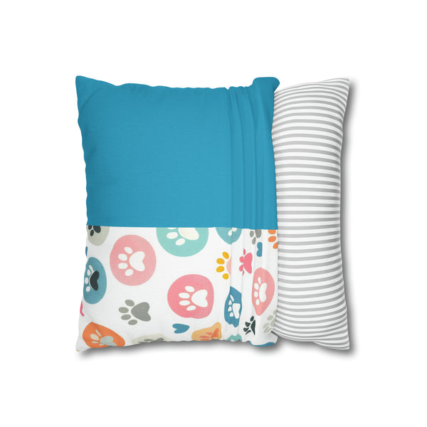 Teal Dog Paw Print Spun Polyester Square Pillowcase