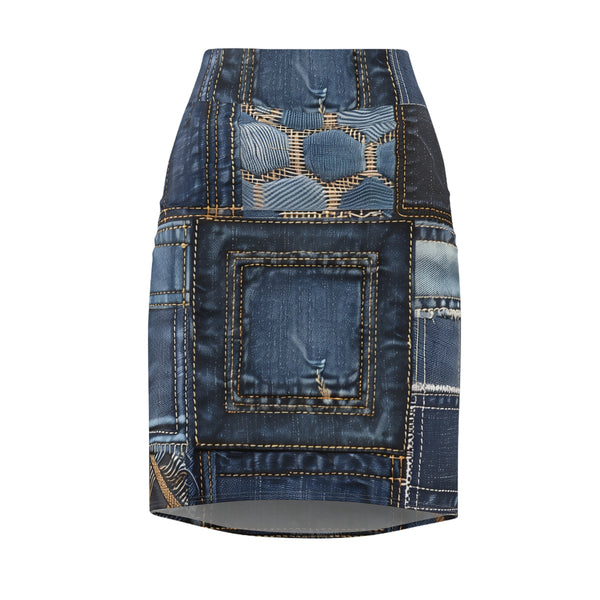 Denim Patch Women's Mid Waist Pencil Skirt