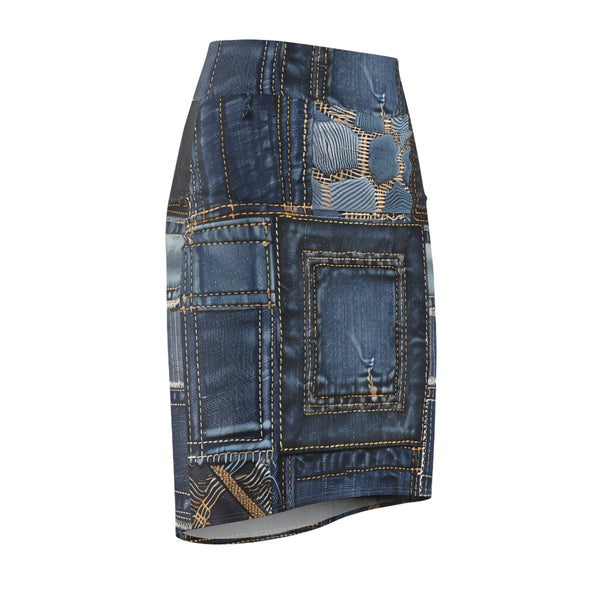 Denim Patch Women's Mid Waist Pencil Skirt
