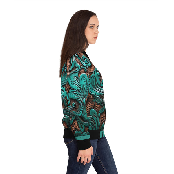 Teal  Faux Leather Flower Women's Bomber Jacket