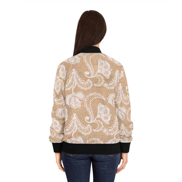 White Lace Print Women's Bomber Jacket