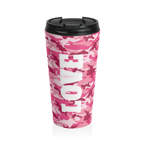 Love, Peace & Energy Pink Camo Stainless Steel Travel Mug 15 Oz.