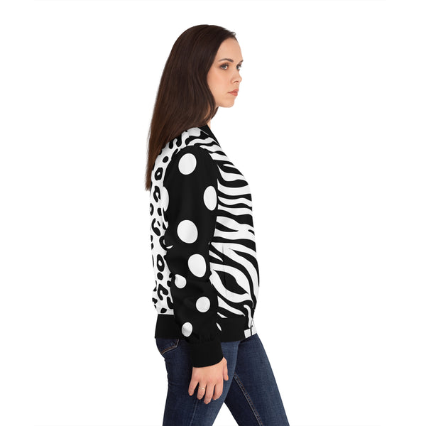 Black & White Print Cheetah, Zebra & Polka Dot Print Women's Bomber Jacket