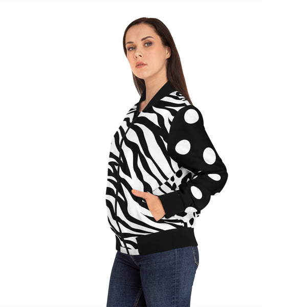Black & White Print Cheetah, Zebra & Polka Dot Print Women's Bomber Jacket