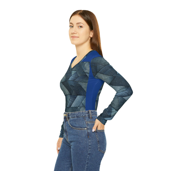 Denim Print Women's Long Sleeve V-neck Shirt