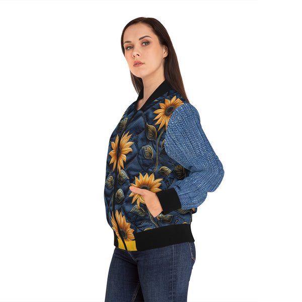 Sunflower 2.0 Denim Print Women's Bomber Jacket
