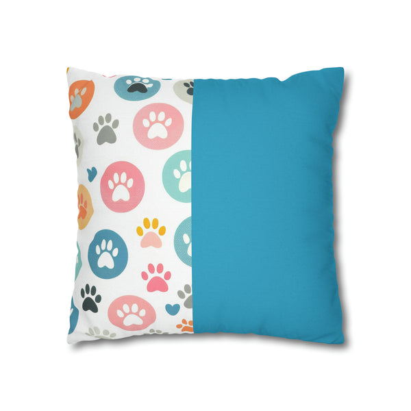 Teal Dog Paw Print Spun Polyester Square Pillowcase