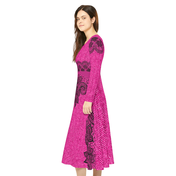 Pink Lace Women's Long Sleeve Dance Dress