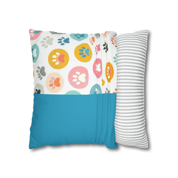 Teal Dog Paw Print Spun Polyester Square Pillowcase