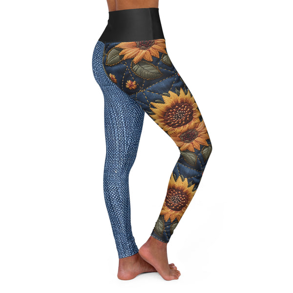 Denim Sunflower Two Tone High Waisted Yoga Leggings