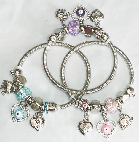 Sterling Silver Charm Bracelet with Hearts, Elephants, and Sparkling Stones