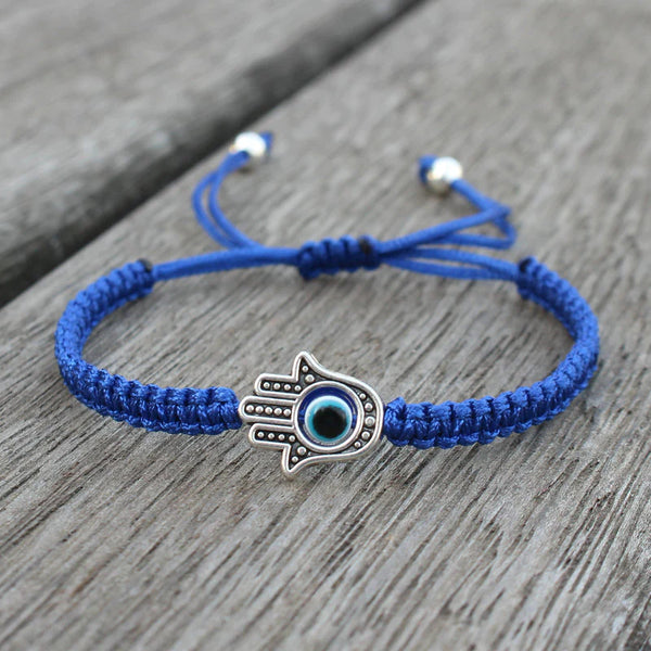 Handcrafted Blue Knot-Tied Bracelet with Hamsa Hand and Evil Eye - Symbol of Protection and Positivity