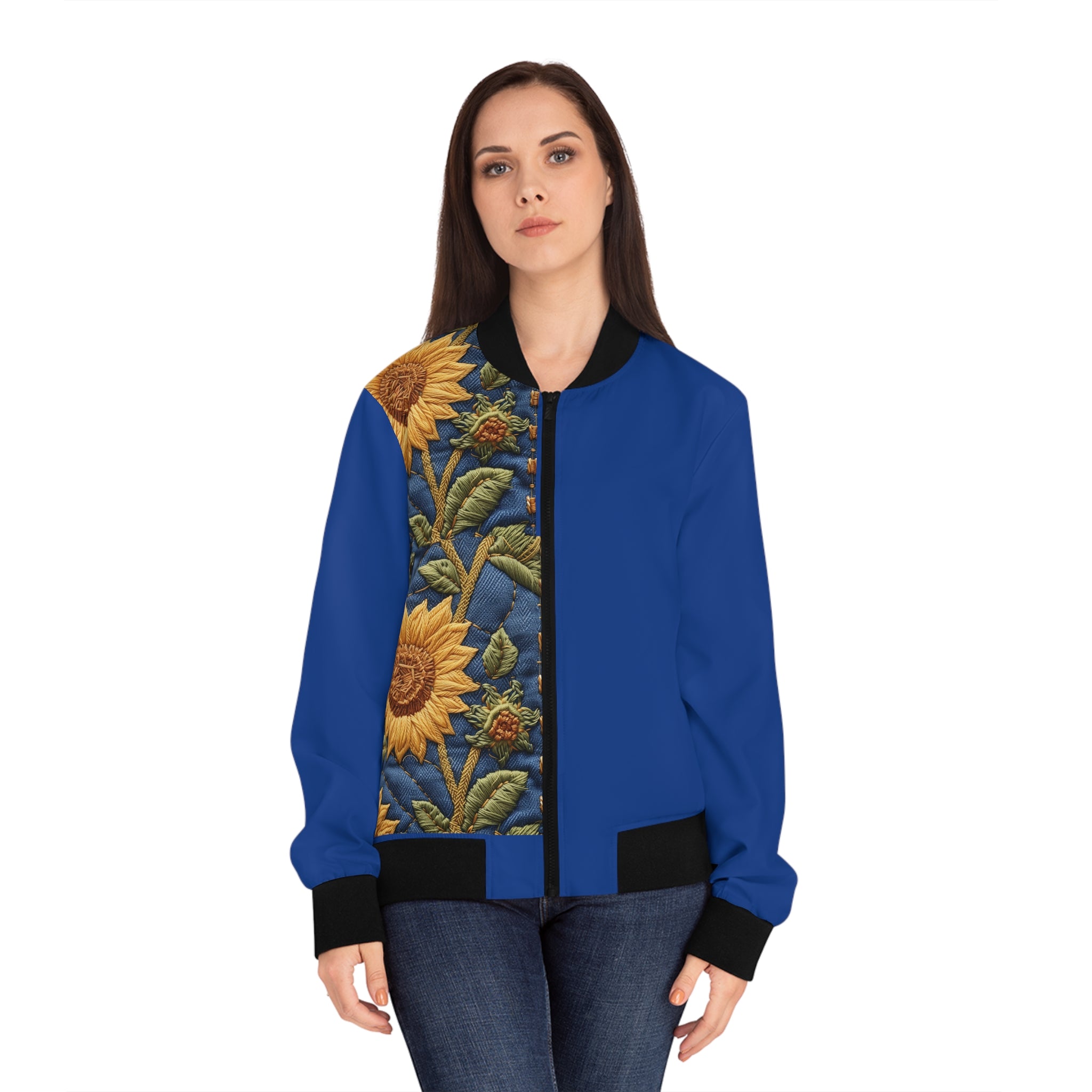 Sunflower Denim Print Women's Bomber Jacket