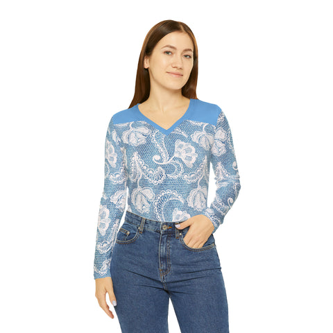 Denim White Lace Print Women's Long Sleeve V-neck Shirt