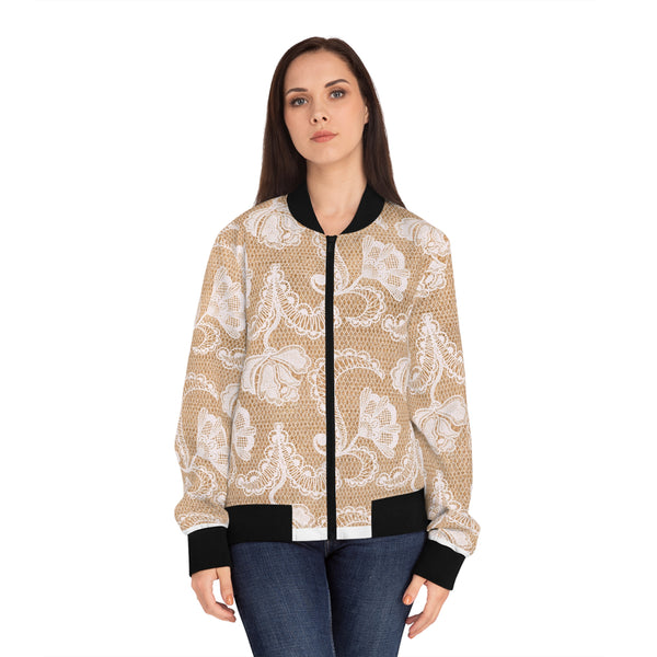 White Lace Print Women's Bomber Jacket